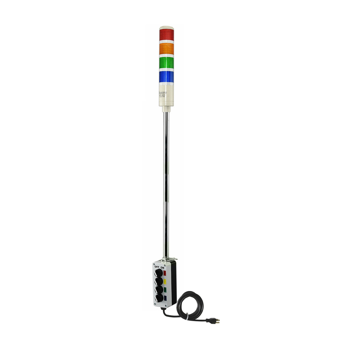 Four-color pole-mounted industrial signal with 2-position switch on a white background; Red-Amber-Green-Blue.