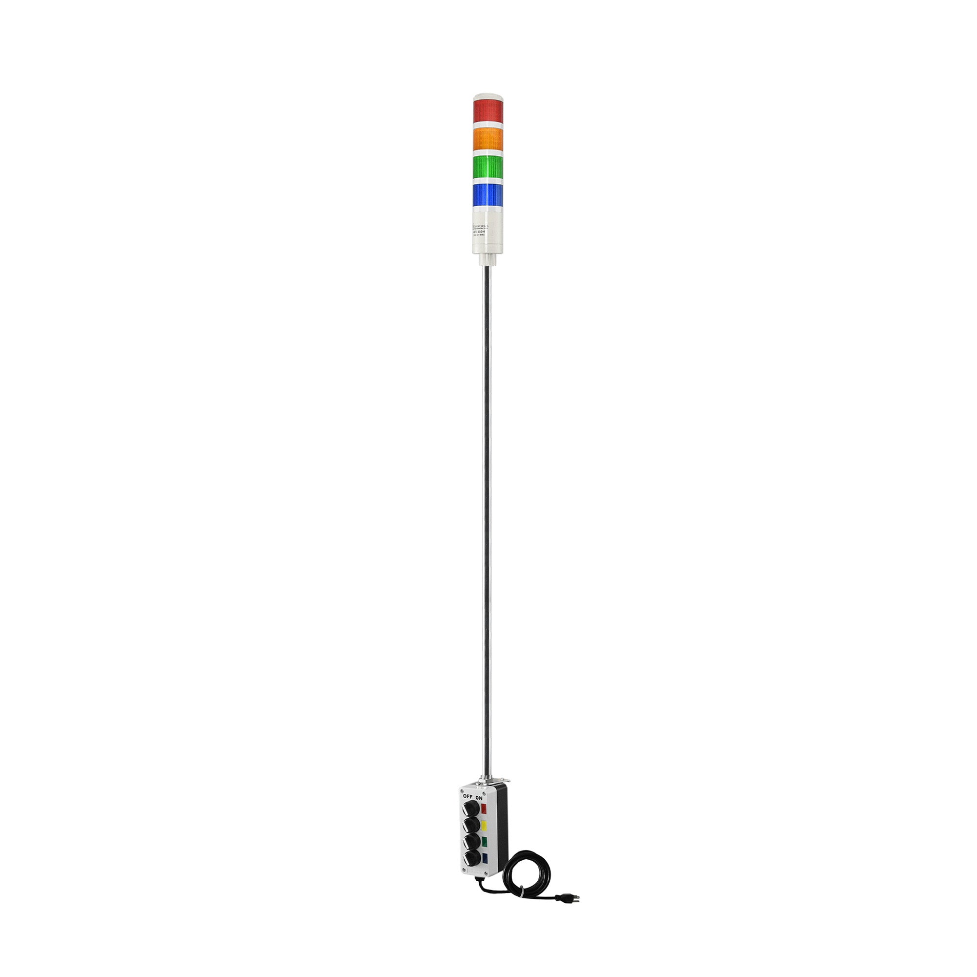 Four-Color pole-mounted industrial Signal with 3-position switches on a white background; Red-Amber-Green-Blue.
