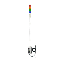 An LED Andon Tower Light with a multicolored light sequence on a 5 foot pole with a sealed enclosure and industrial selector switches.