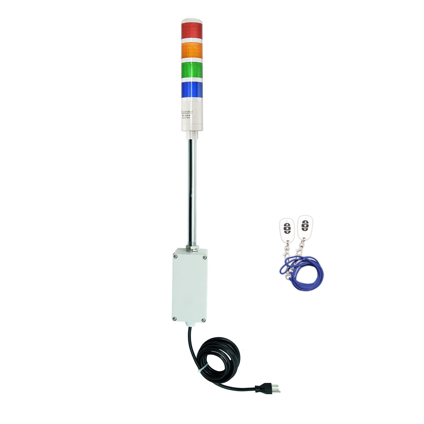 Four-color pole-mounted industrial signal with 2 wireless fobs on a white background; Red-Amber-Green-Blue.