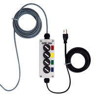 2-position switch box for four-color industrial signal light with extended power cable; Red-Amber-Green-Blue on a white background.