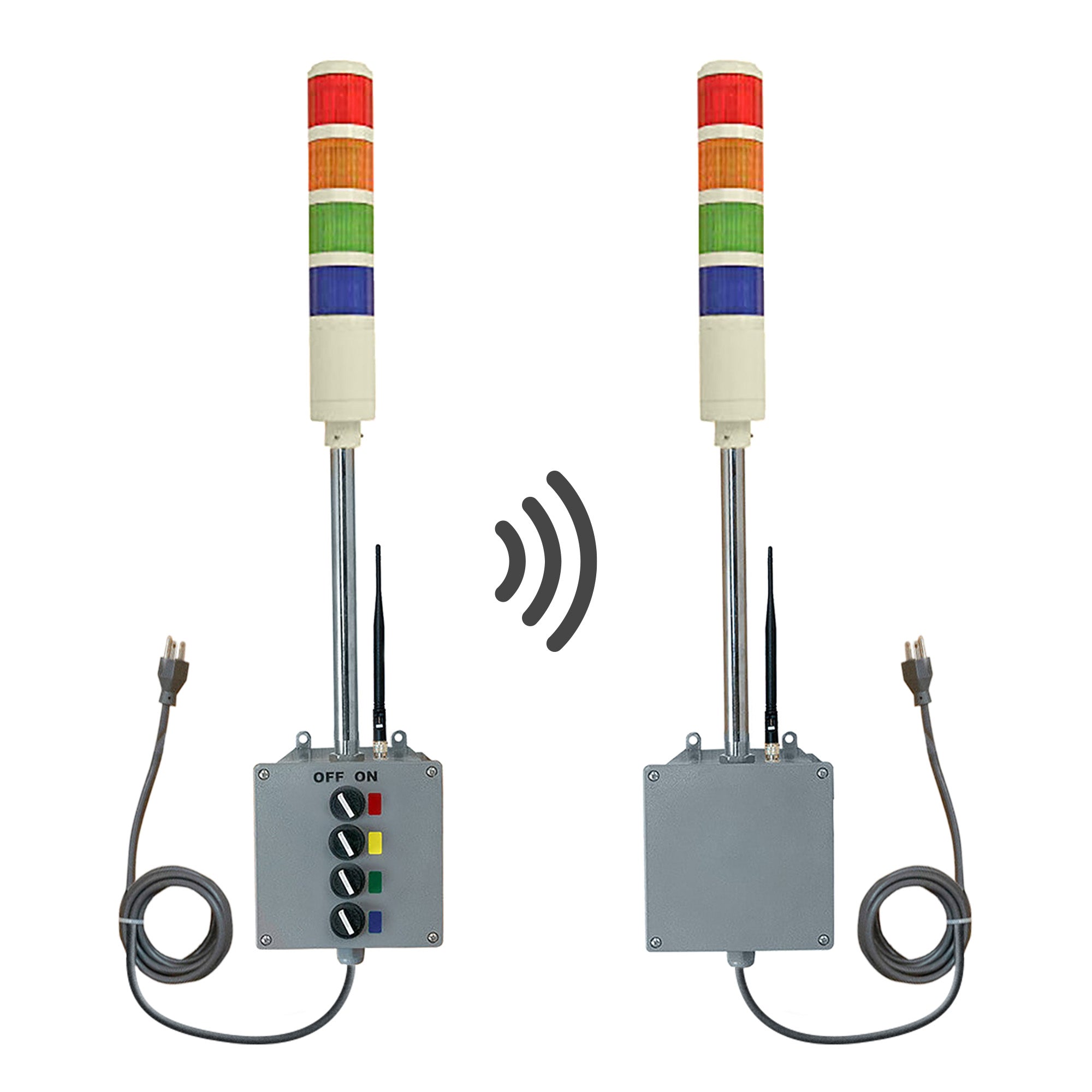 Transmitter and receiver systems with red, amber, green and blue lights and antennas on a white background.