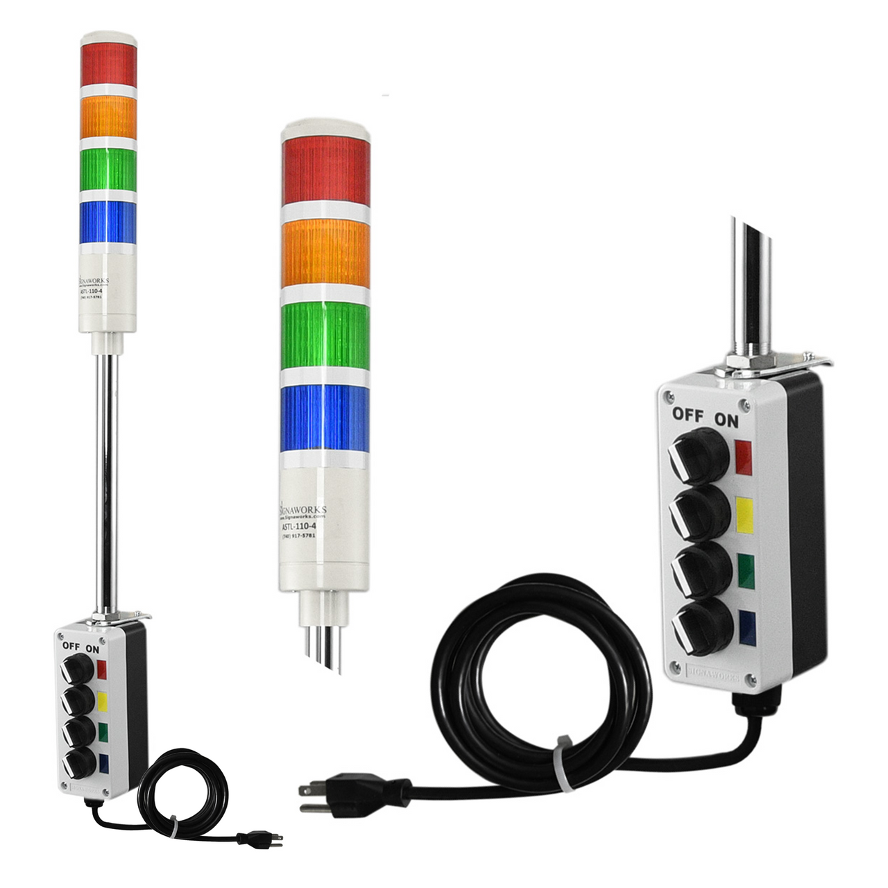 Four-color pole-mounted industrial signal light with a 2-position switch box and power cord; Red-Amber-Green-Blue on a white background.