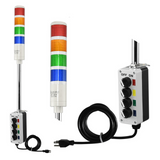 Four-color pole-mounted industrial signal light with a 2-position switch box and power cord; Red-Amber-Green-Blue on a white background.
