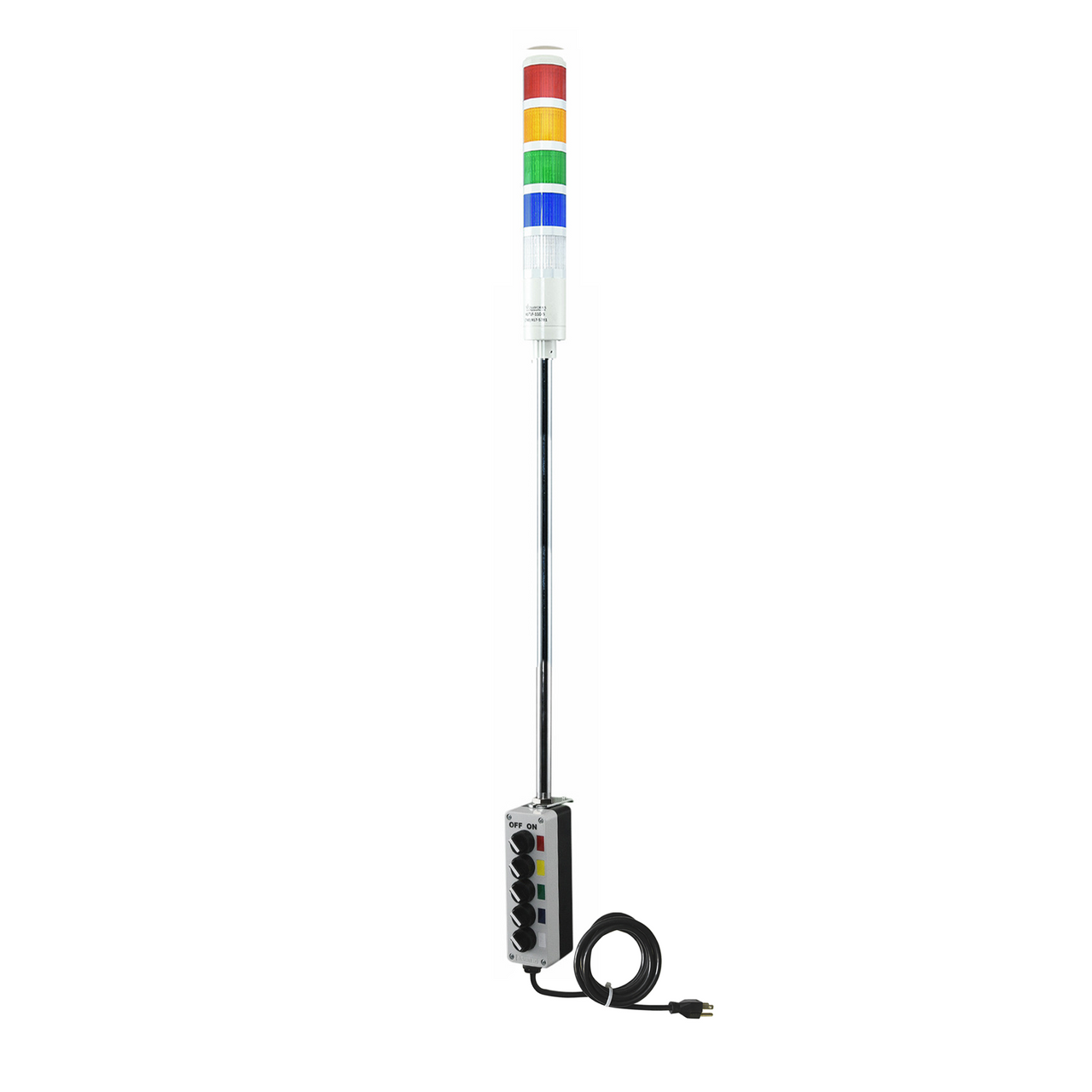 Four-color pole-mounted industrial signal with 2-position switch on a white background; Red-Amber-Green-Blue-White.