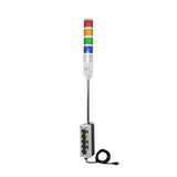 Five-color pole-mounted industrial signal with 2-position switch on a white background; Red-Amber-Green-Blue-White.