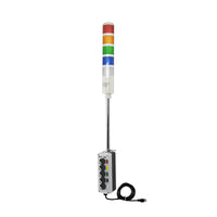 Five-color pole-mounted industrial signal with 2-position switch on a white background; Red-Amber-Green-Blue-White.