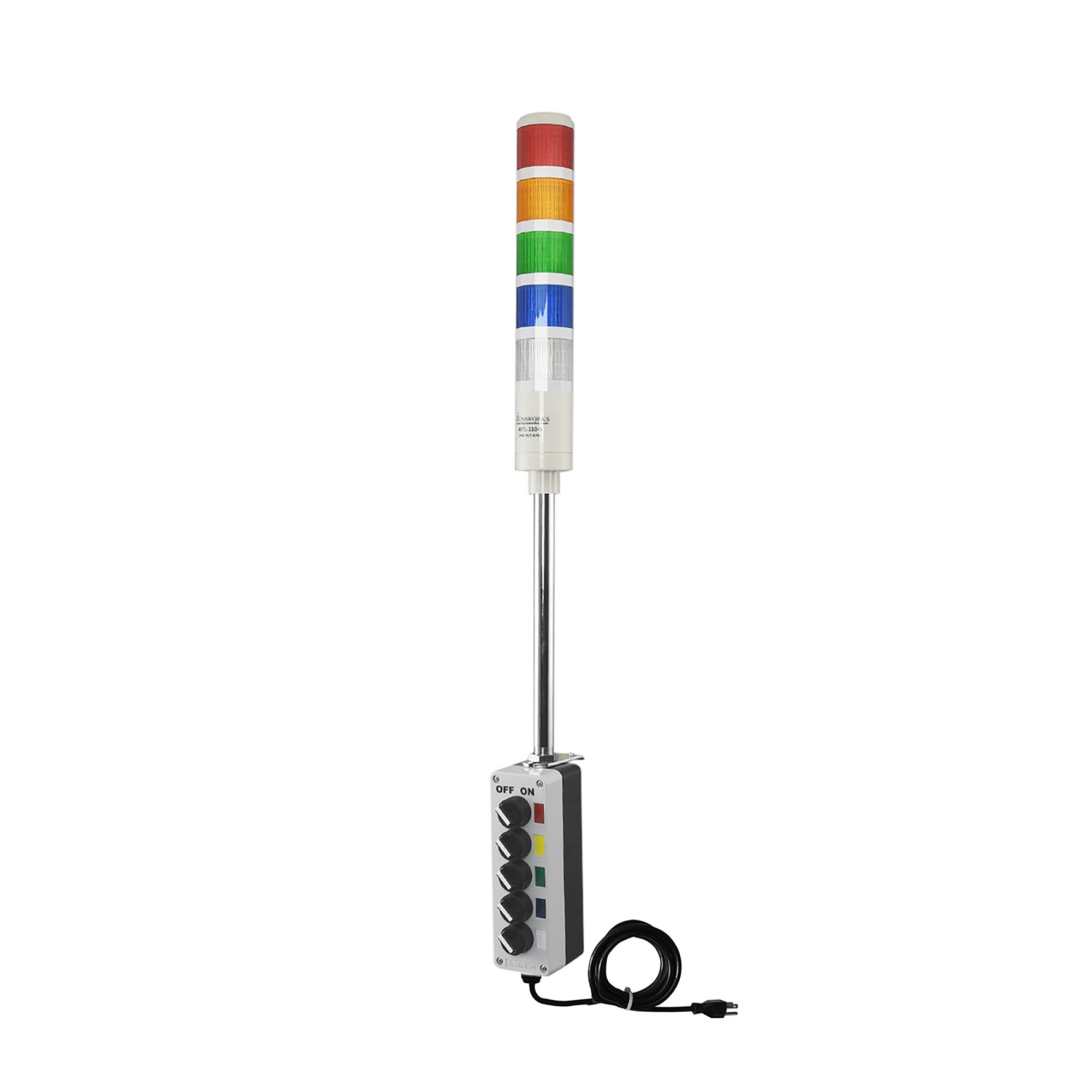 Five-color pole-mounted industrial signal with 2-position switch on a white background; Red-Amber-Green-Blue-White.