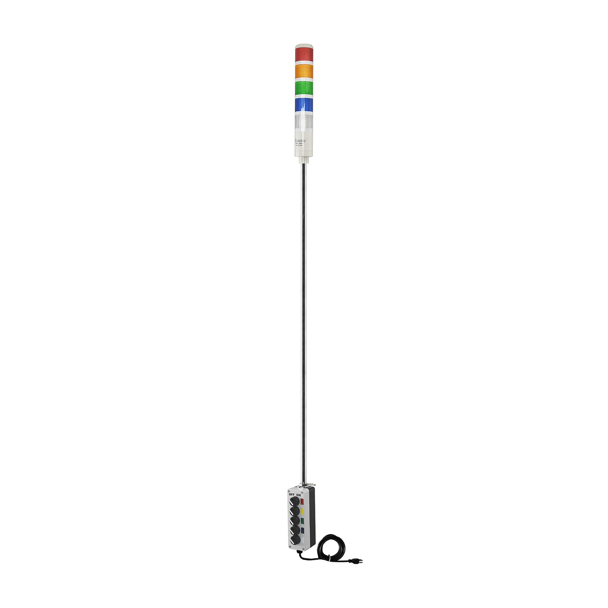 Five-Color pole-mounted industrial Signal with 3-position switches on a white background; Red-Amber-Green-Blue-White.