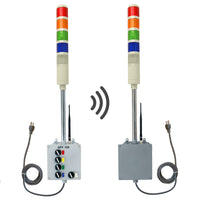 Transmitter and receiver systems with red, amber, green, blue and white lights and antennas on a white background.