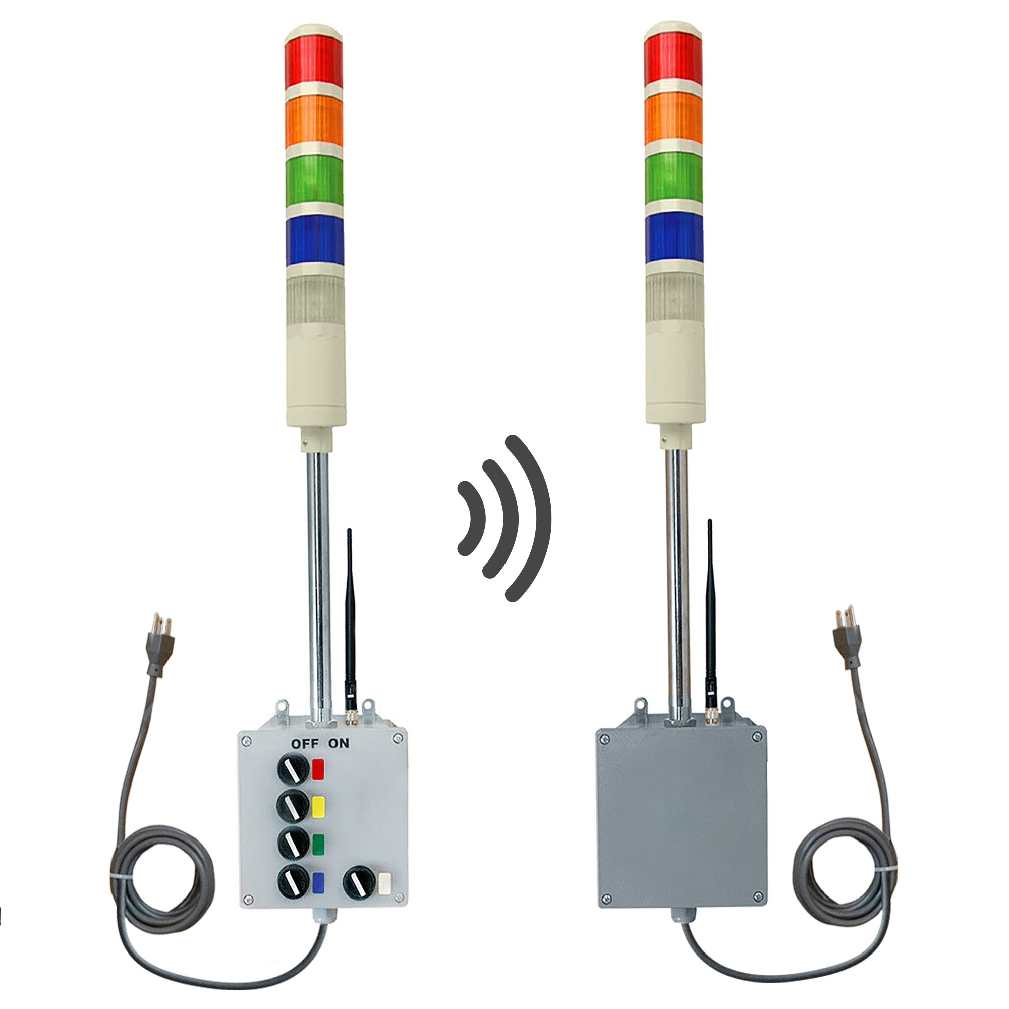 Transmitter and receiver systems with red, amber, green, blue and white lights and antennas on a white background.