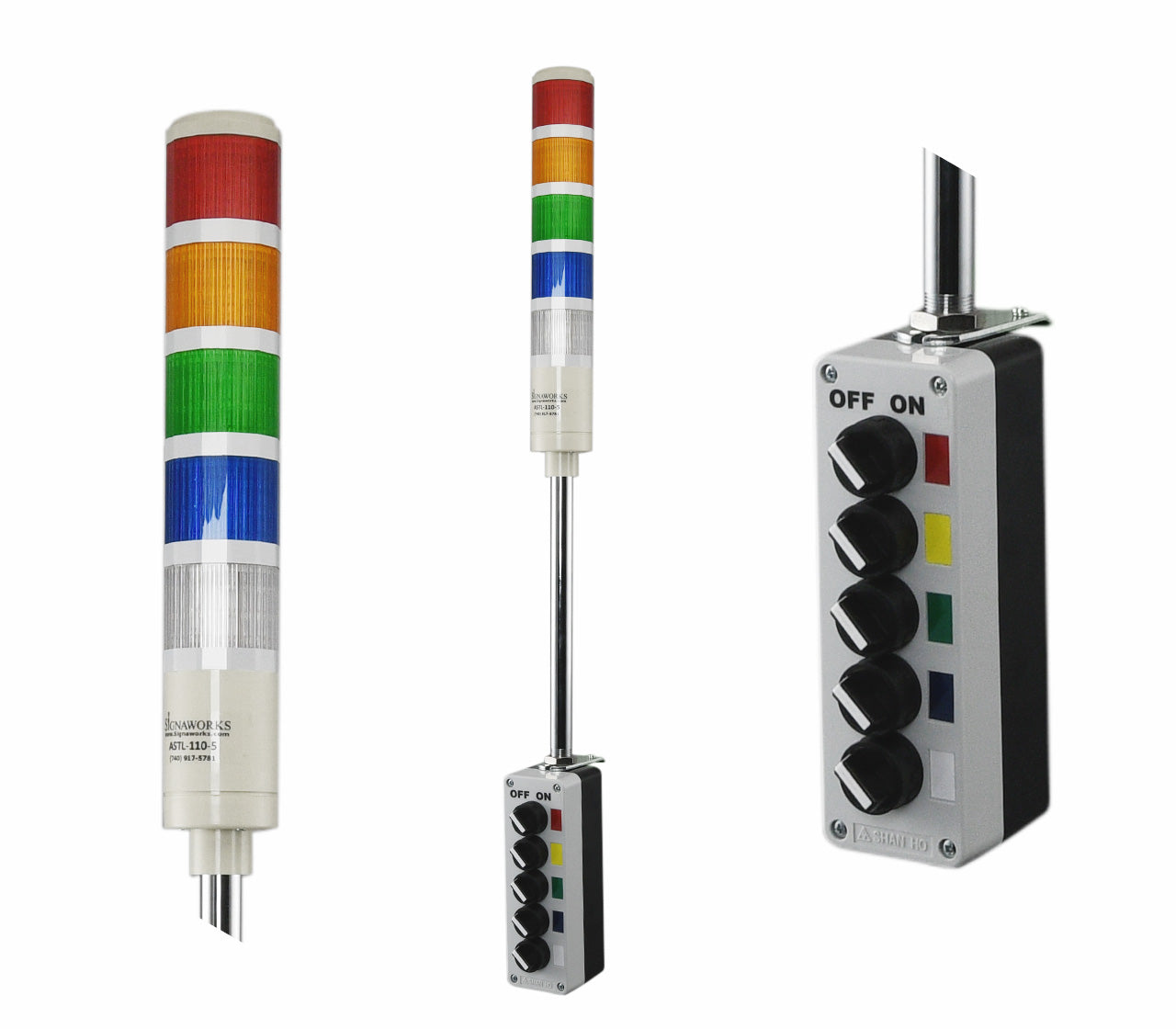 Five-color pole-mounted industrial signal light with a 2-position switch box and power cord; Red-Amber-Green-Blue-White on a white background.