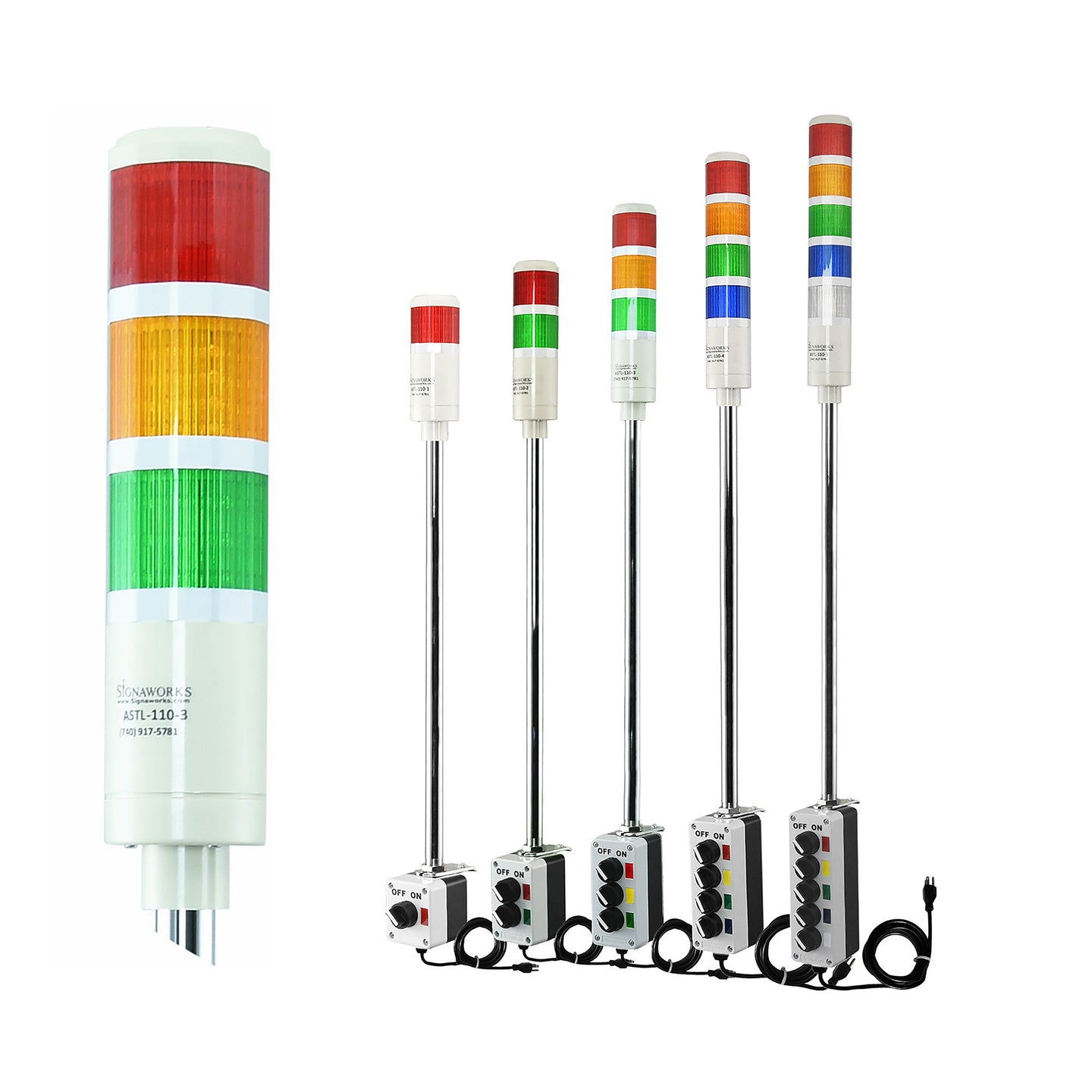 Set of industrial signal lights with red, amber, green, blue and white lenses on a white background.