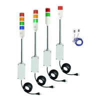 A collection of multicolor wireless tower lights and 2 key fobs on a white background.