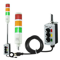 Three-color pole-mounted industrial signal light with a 2-position switch box and power cord; Red-Amber-Green on a white background.