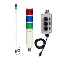 Close up of three-color 5ft pole-mounted industrial signal light with grey corresponding 2-position switchbox and power cord; Red-Green-Blue on a white background.