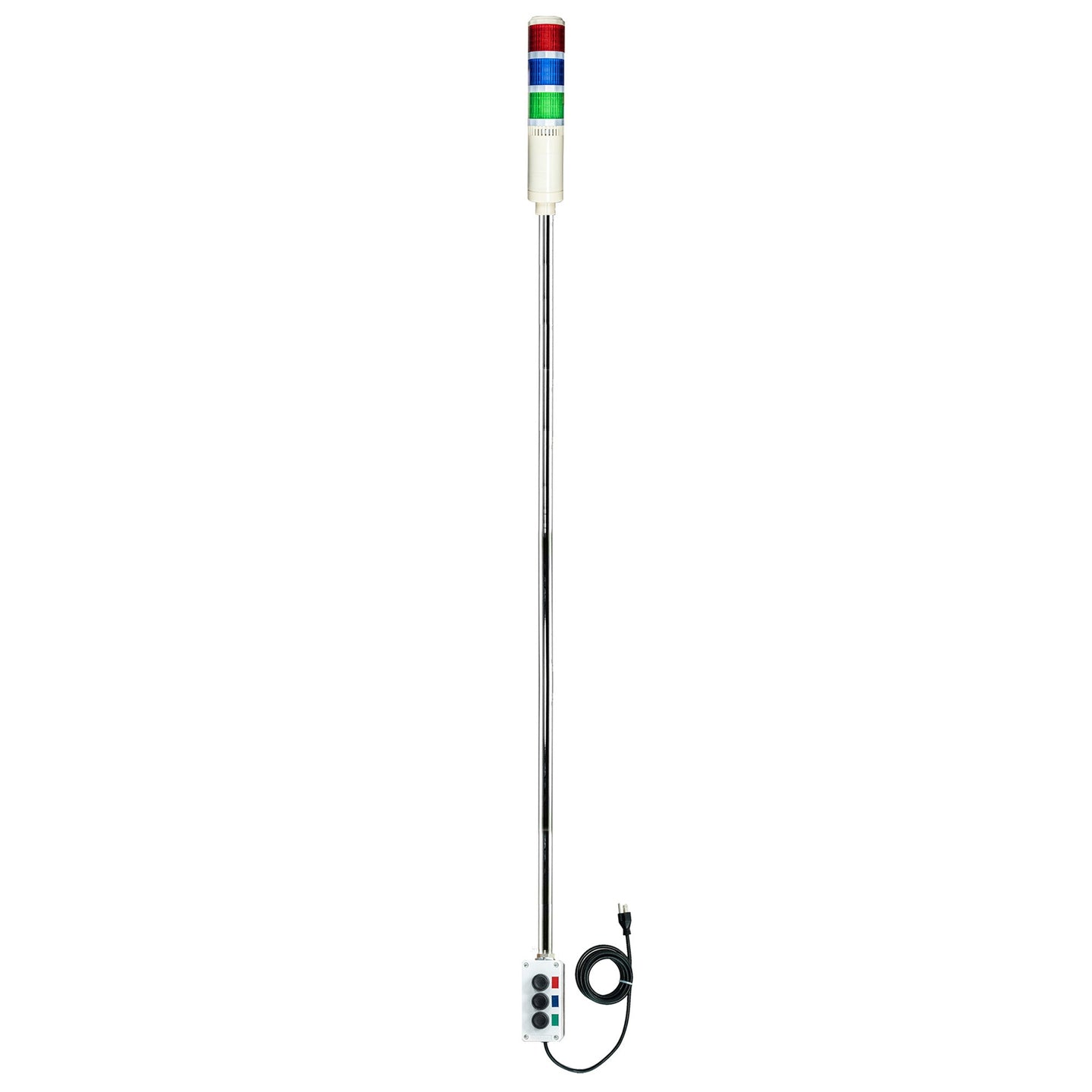 Three-color 5ft pole-mounted industrial signal light with grey corresponding 2-position switchbox and power cord; Red-Green-Blue on a white background.