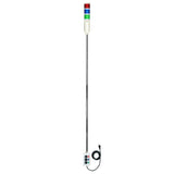 Three-color 5ft pole-mounted industrial signal light with grey corresponding 2-position switchbox and power cord; Red-Green-Blue on a white background.