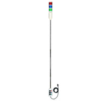 Three-color 5ft pole-mounted industrial signal light with grey corresponding 2-position switchbox and power cord; Red-Green-Blue on a white background.