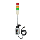 Industrial light indicator with red, yellow, and green lights with C-Clamp mounting system on a white background.