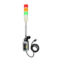 Industrial light indicator with red, yellow, and green lights with C-Clamp mounting system on a white background.