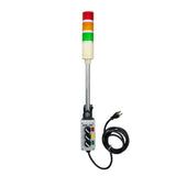 Industrial light indicator with red, yellow, and green lights with C-Clamp mounting system on a white background.