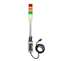 Industrial light indicator with red, yellow, and green lights with C-Clamp mounting system on a white background.