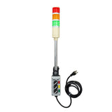 Industrial light indicator with red, yellow, and green lights with C-Clamp mounting system on a white background.