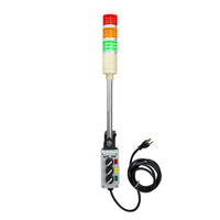 Industrial light indicator with red, yellow, and green lights with C-Clamp mounting system on a white background.