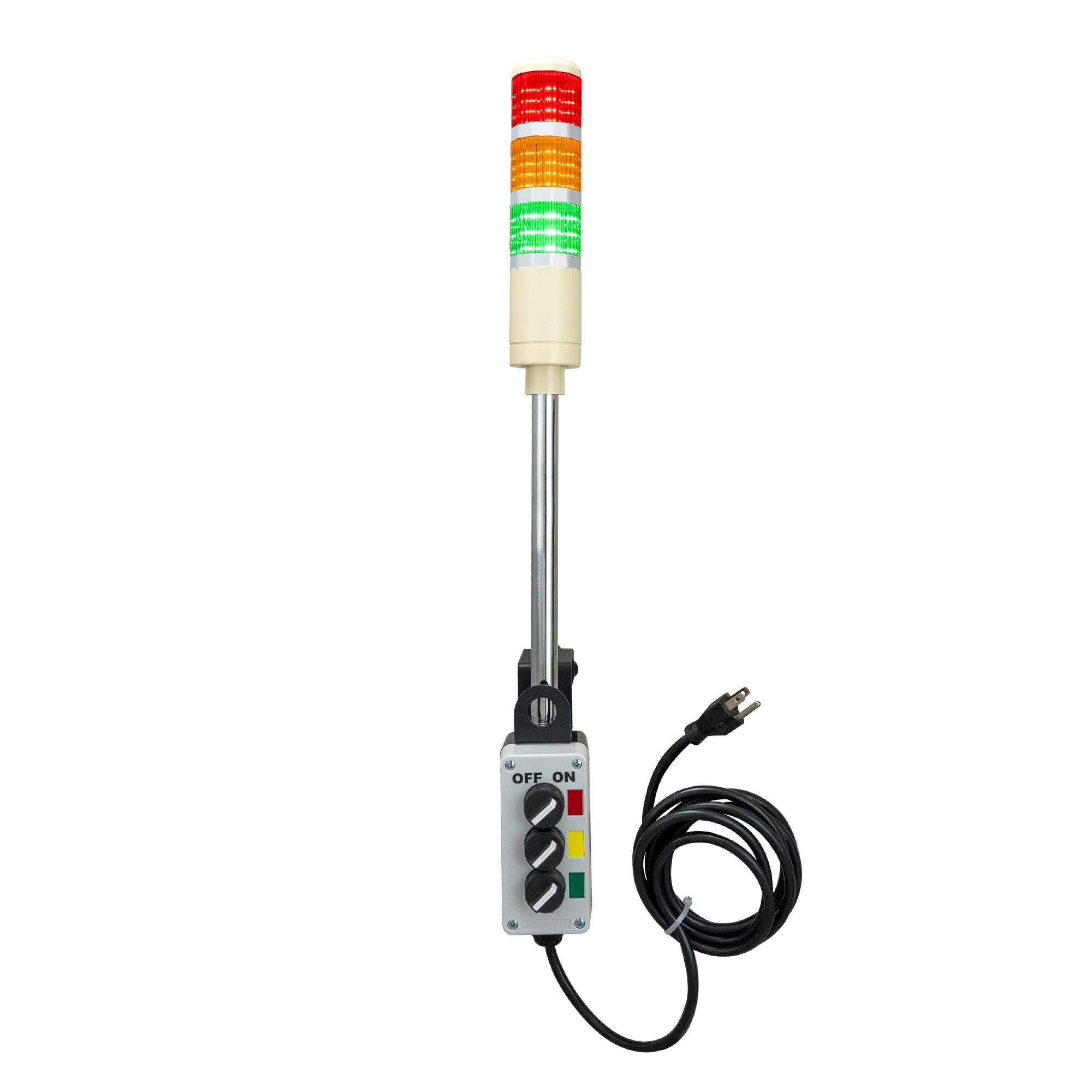 Industrial light indicator with red, yellow, and green lights with C-Clamp mounting system on a white background.
