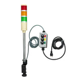 Three-color pole-mounted Industrial signal light with 3 2-position switches; Red-Amber-Green on a white background.