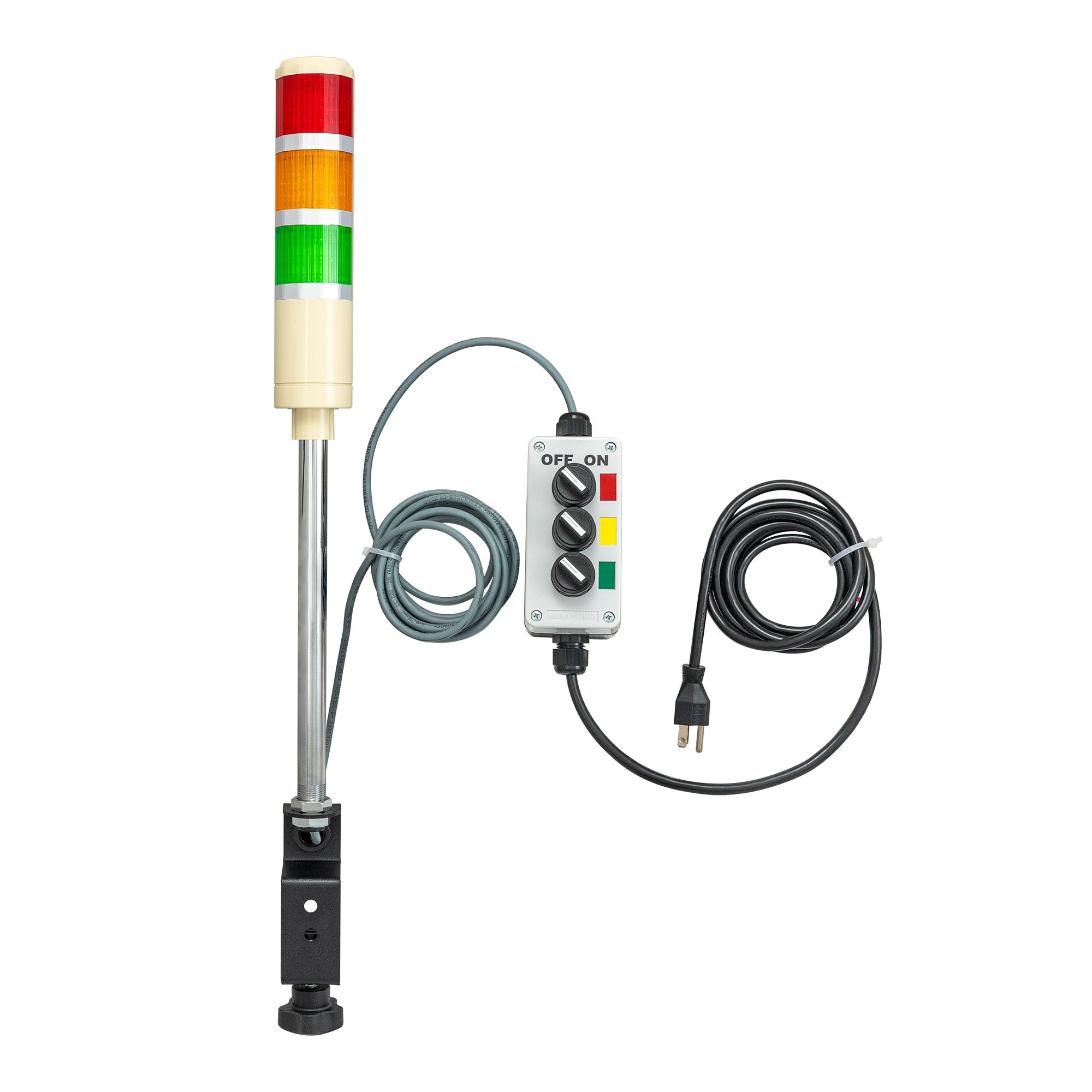 Three-color pole-mounted Industrial signal light with 3 2-position switches; Red-Amber-Green on a white background.