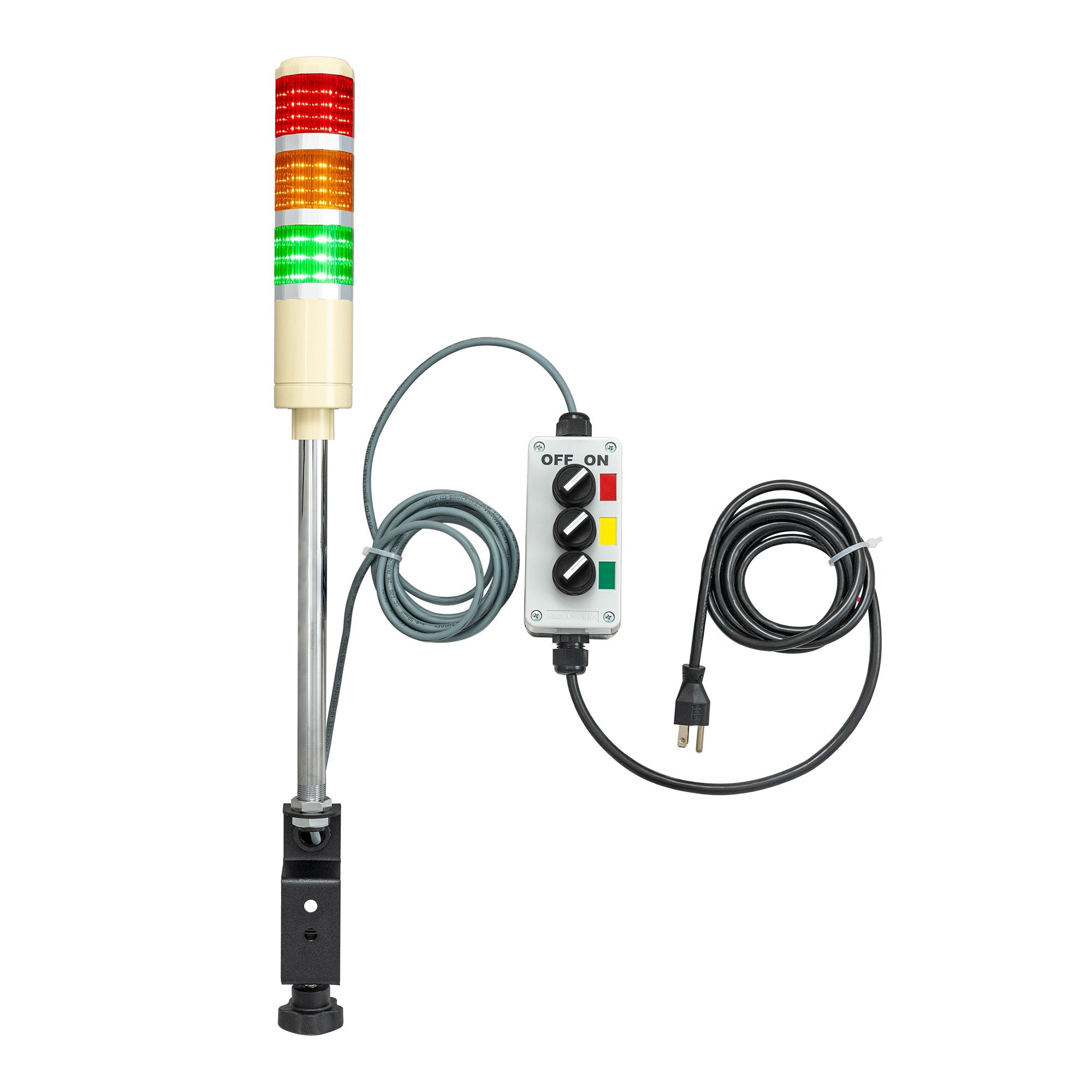 Three-color pole-mounted Industrial signal light with 3 2-position switches; Red-Amber-Green on a white background.