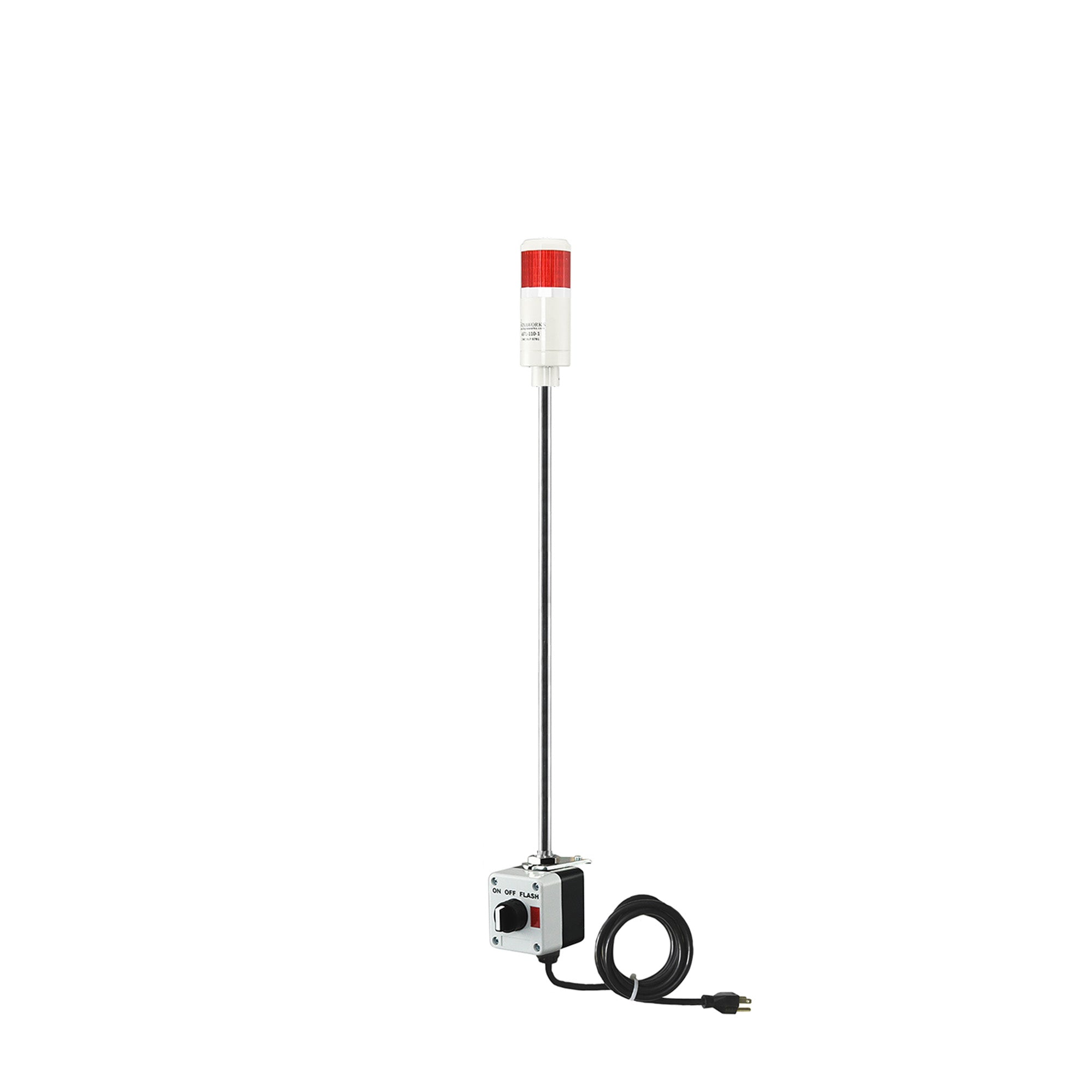 Red pole-mounted industrial signal with 3-position switch on a white background.