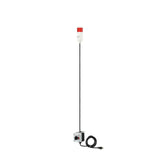 Red pole-mounted industrial light with 3-position switches on a white background.