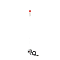 Red pole-mounted industrial light with 3-position switches on a white background.