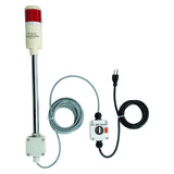 Red pole-mounted industrial signal light with a 3-position switch box and extended power cable on a white background.