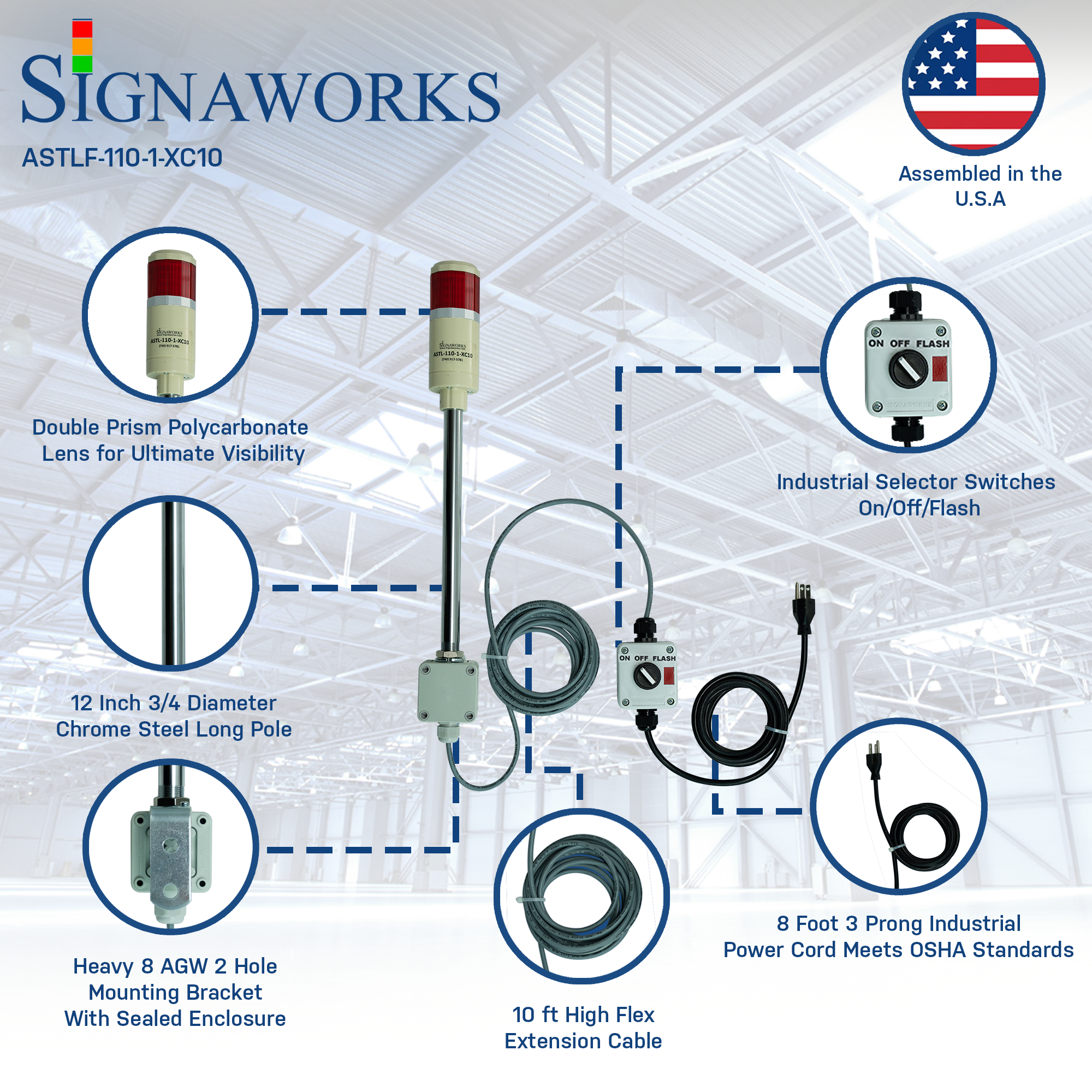 Signaworks branded graphic depicting a red pole-mounted industrial signal light with 3-position switchbox and power cord on a loading dock overlay background.