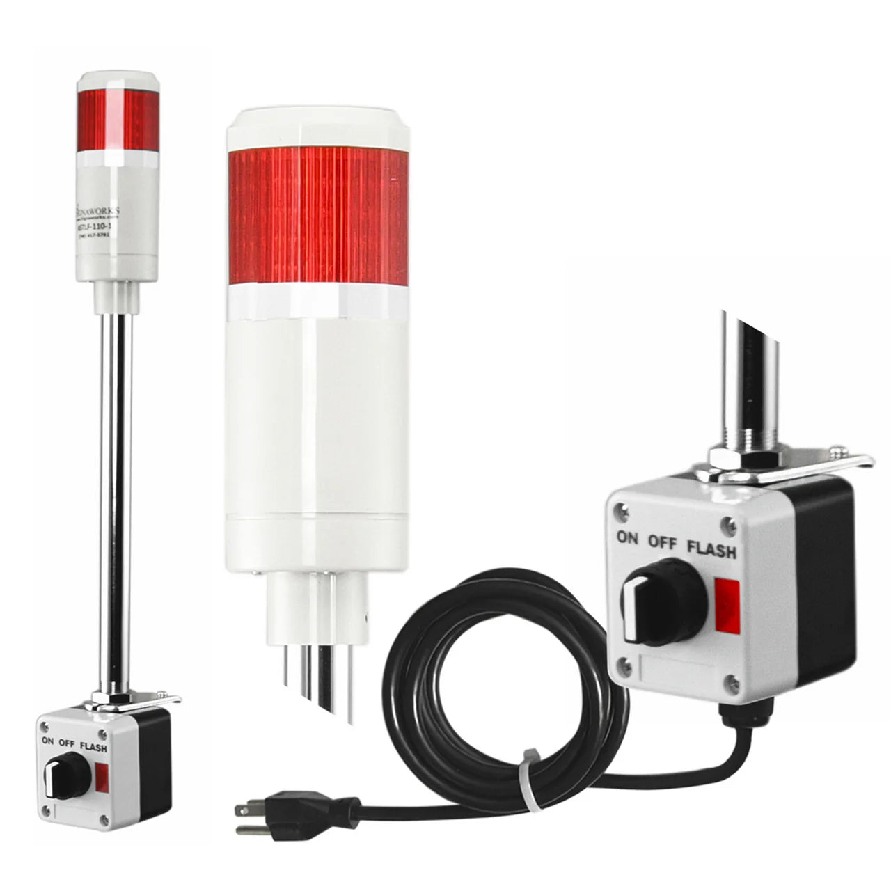Red pole-mounted industrial signal light with a 3-position switch box and power cord on a white background.