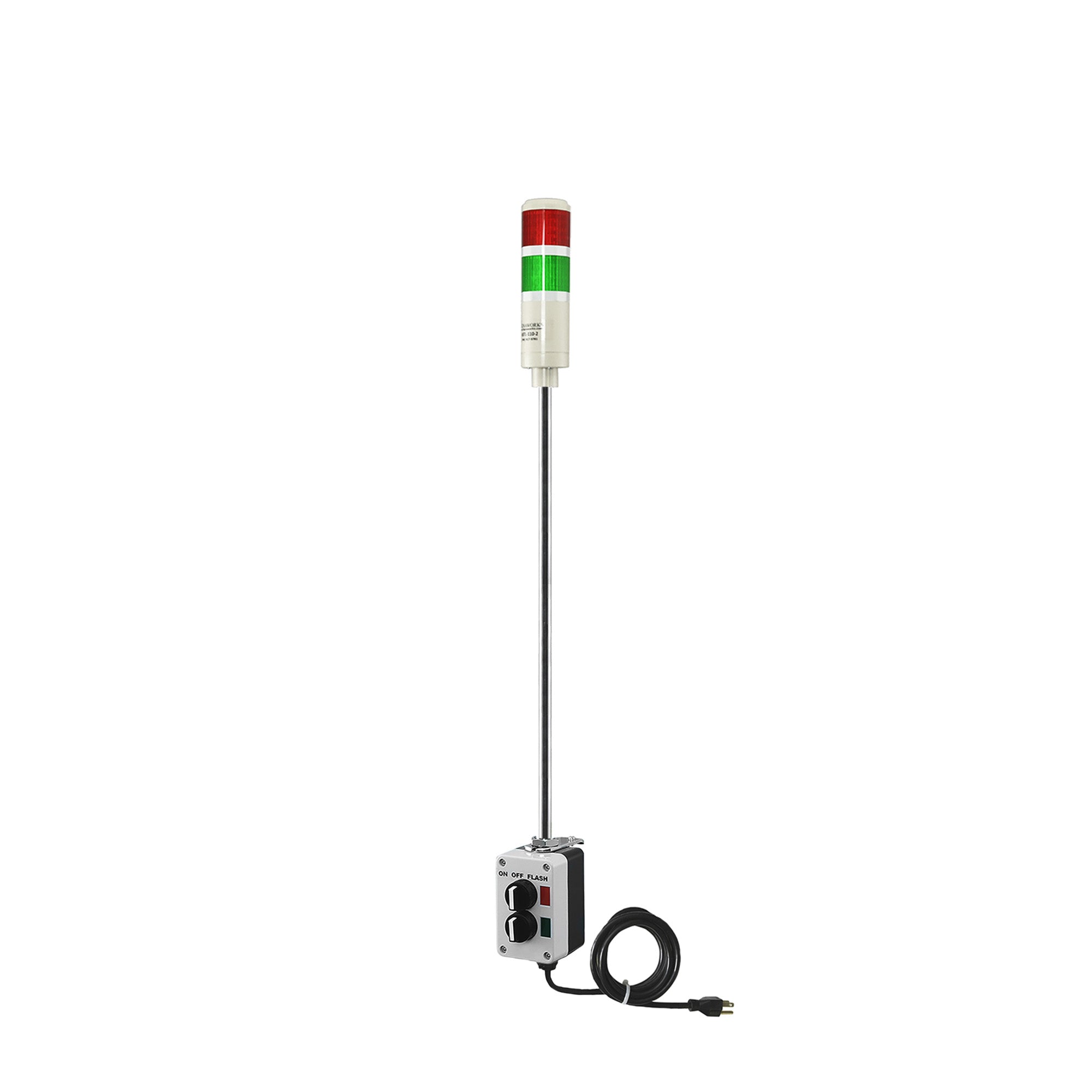 Two-position pole-mounted industrial signal with 3-position switch on a white background; Red-Green.