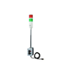 Two-position pole-mounted industrial signal with 2-position switch on a white background; Red-Green.