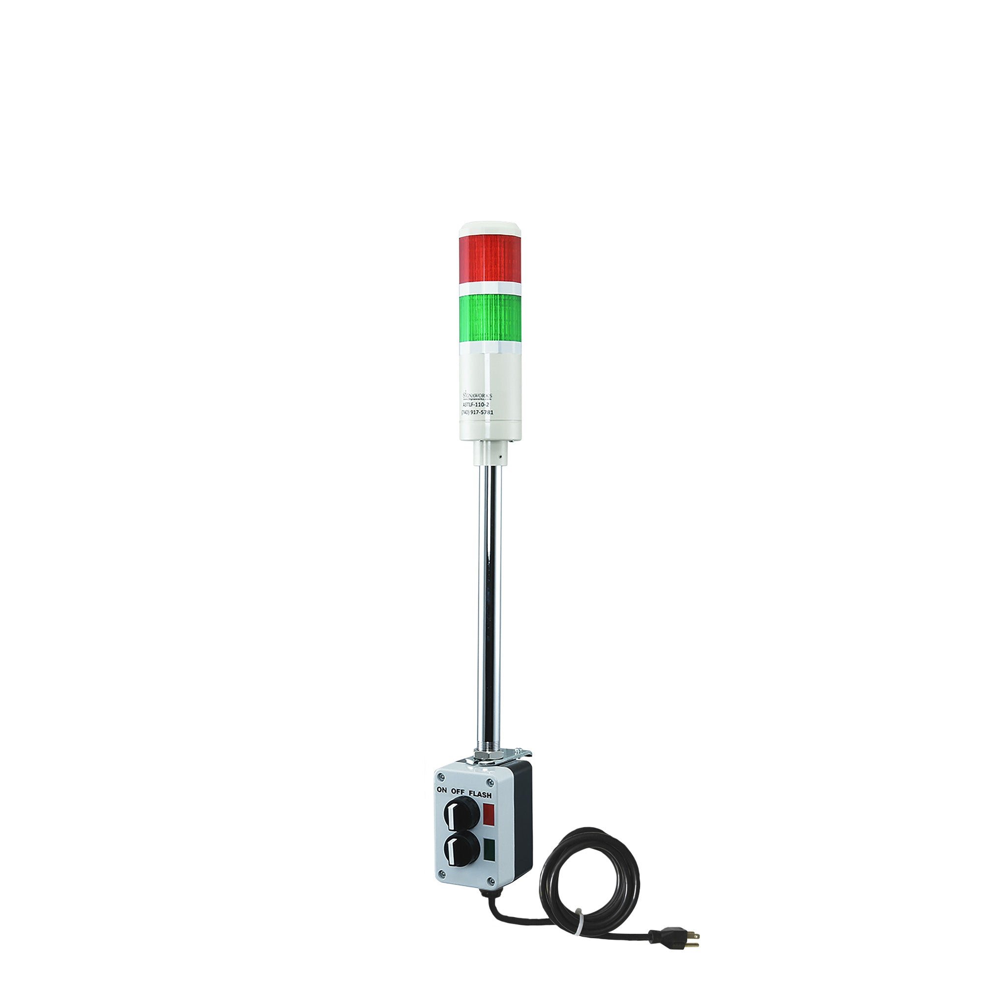 Two-position pole-mounted industrial signal with 2-position switch on a white background; Red-Green.