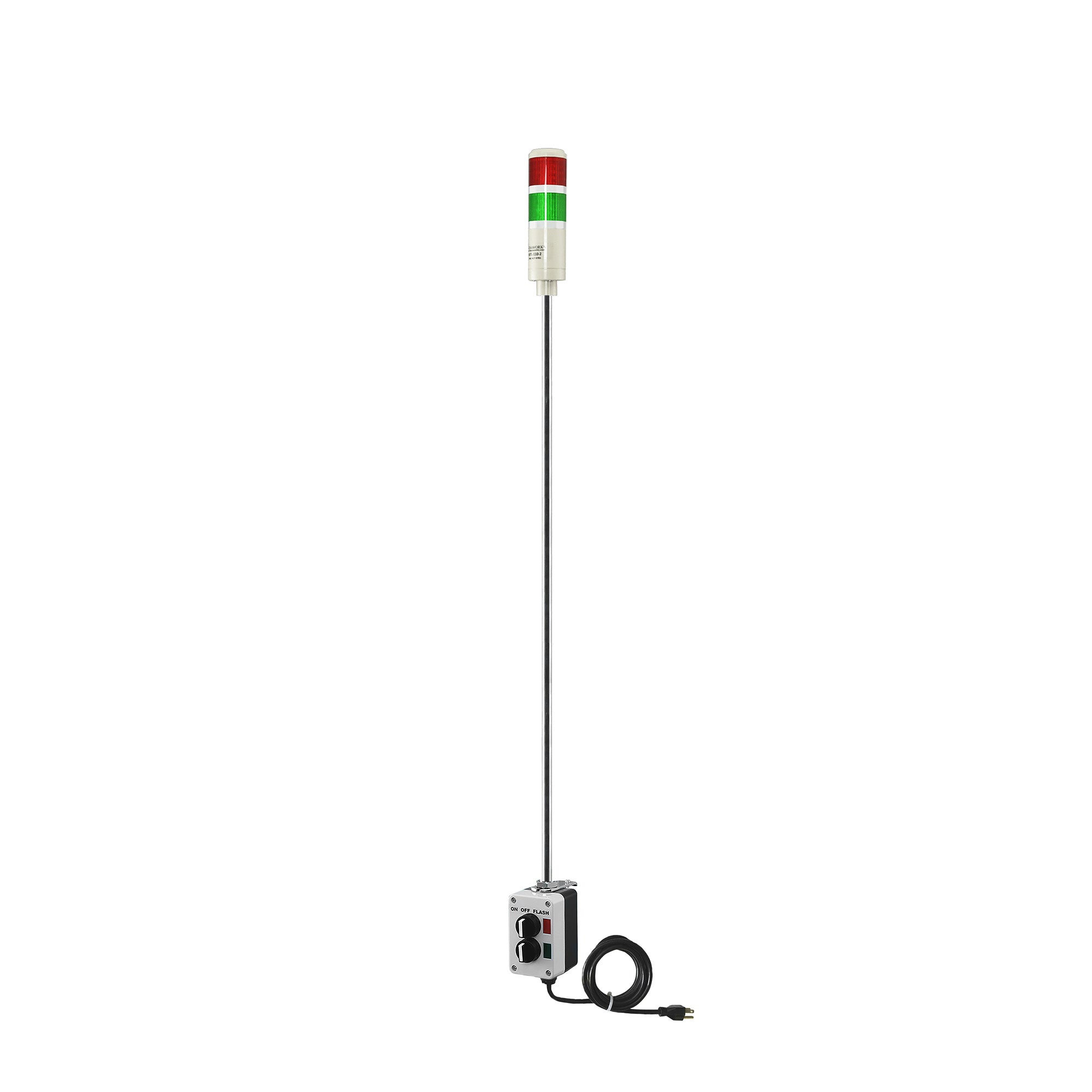 Two-Color pole-mounted industrial Signal with 3-position switches on a white background; Red-Green.