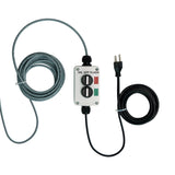 3-position switch box for two-color industrial signal light with extended power cable; Red-Green on a white background.