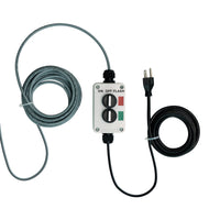 3-position switch box for two-color industrial signal light with extended power cable; Red-Green on a white background.