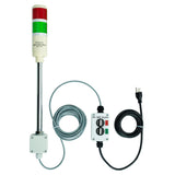 Two-color pole-mounted industrial signal light with a 3-position switch box and extended power cable; Red-Green on a white background.