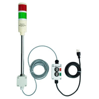 Two-color pole-mounted industrial signal light with a 3-position switch box and extended power cable; Red-Green on a white background.