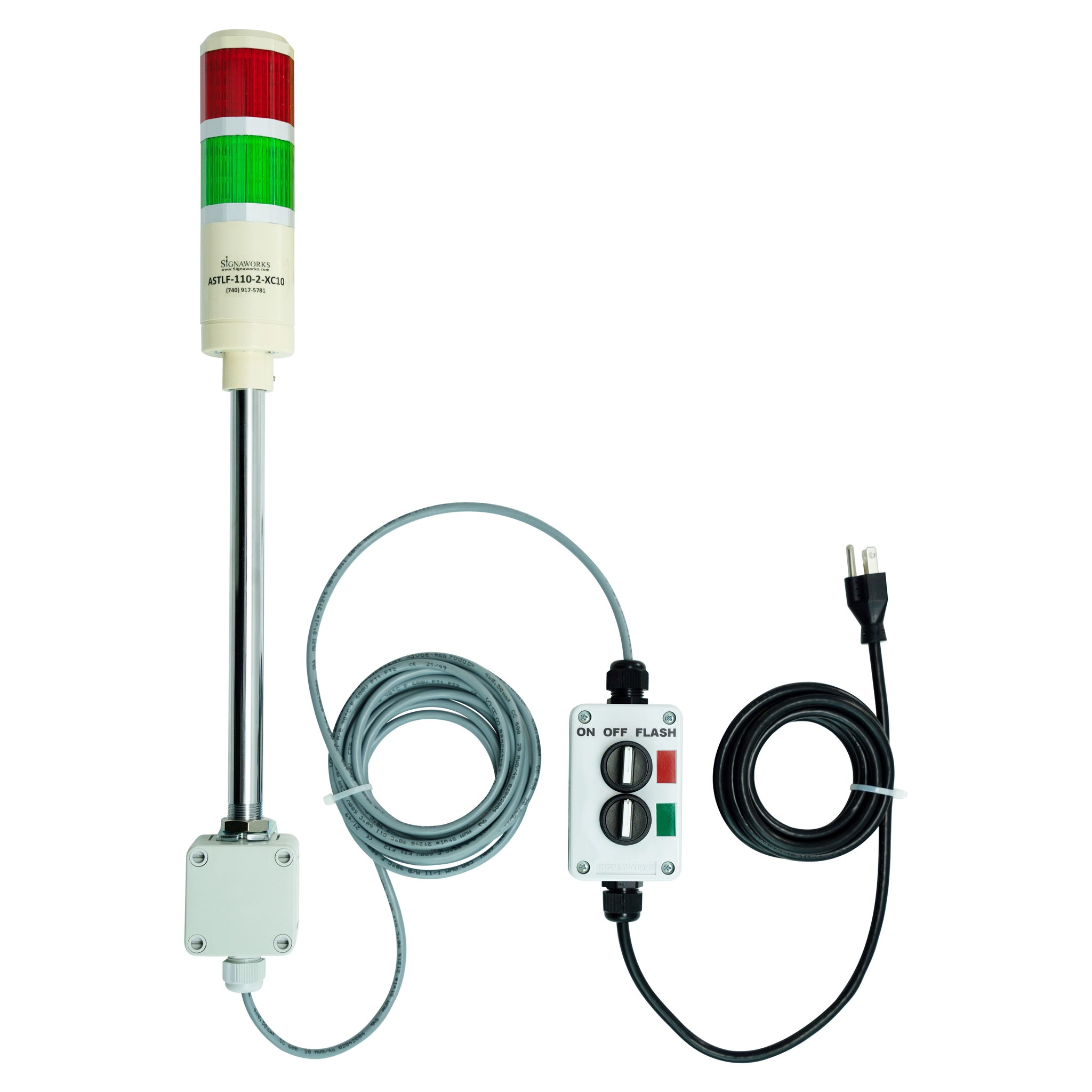 Two-color pole-mounted industrial signal light with a 3-position switch box and extended power cable; Red-Green on a white background.