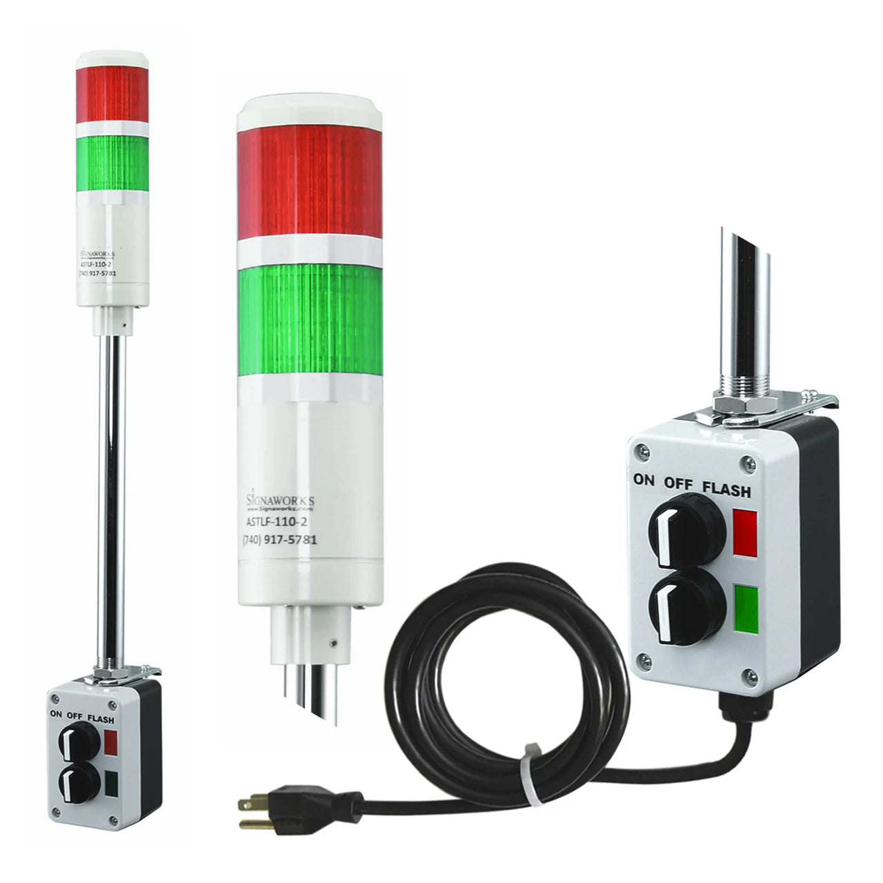 Two-color pole-mounted industrial signal light with a 3-position switch box and power cord; Red-Amber-Green on a white background.