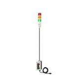 Three-color pole-mounted industrial signal with 3-position switch on a white background; Red-Amber-Green.